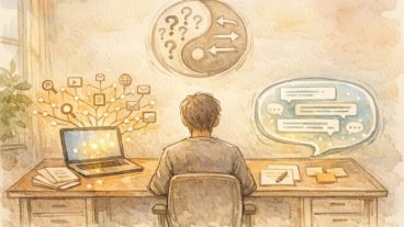 AI時代の情報収集術を象徴的に描いたイラスト、検索エンジンとAIアシスタントの対比