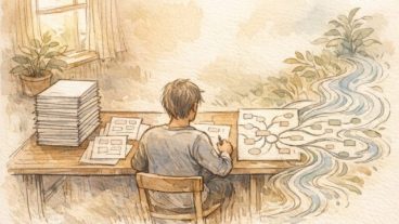 記事 構成案 テンプレートで散らかったアイデアを整理し流れに導く手描きイラスト