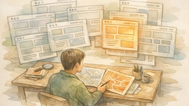 上位サイト 共通点 抽出を象徴し、検索意図と同質化のバランスに悩む人物