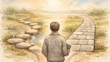 買い切り SEO ツールと月額制ツールの違う道を前に選択を考える人物イラスト