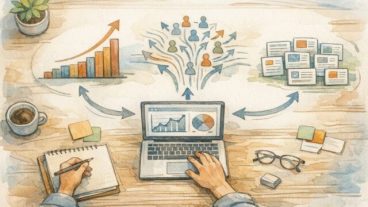 落ち着いたデスクでSEO ツール 成功事例の三つのパターンを比較検討するイラスト