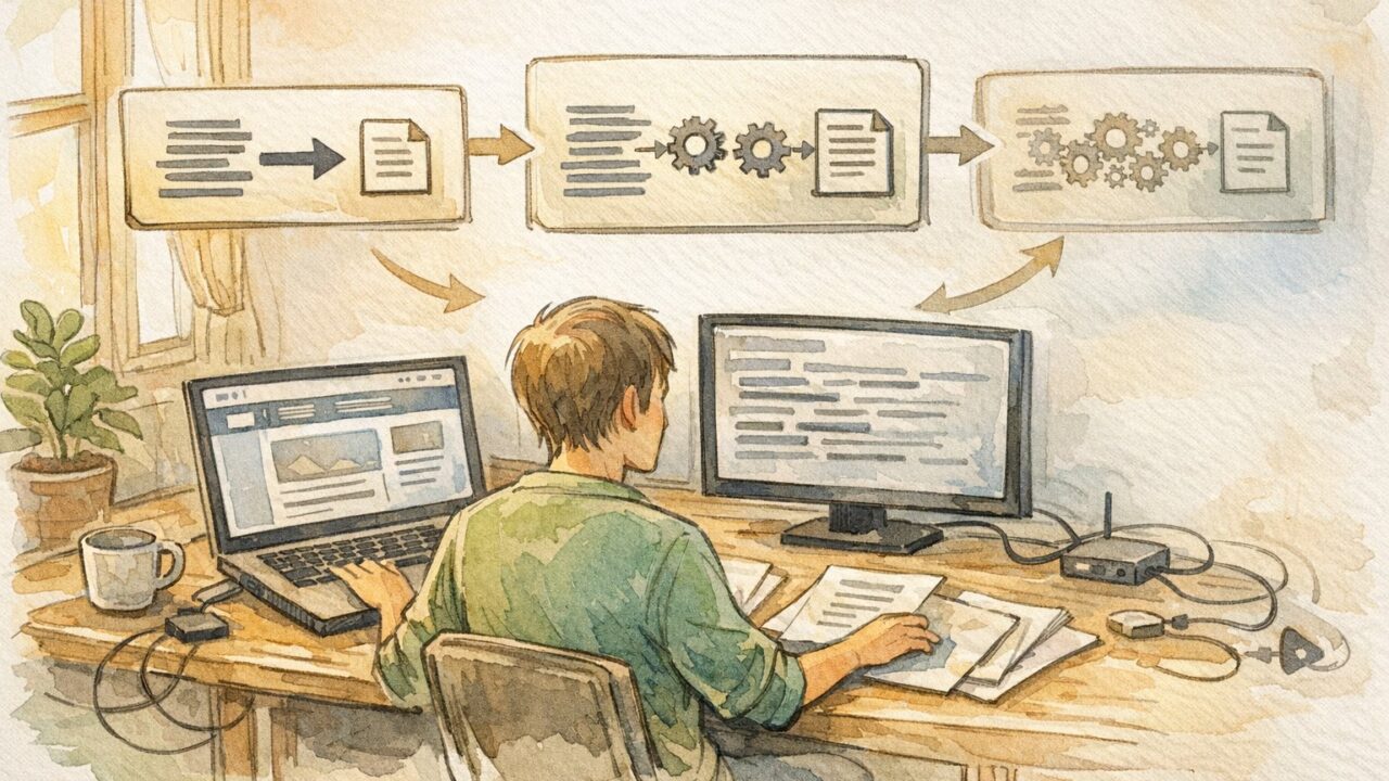 AI 執筆 記事の WordPress への流し込み方を整理した作業デスクと手動から自動までのワークフロー構成