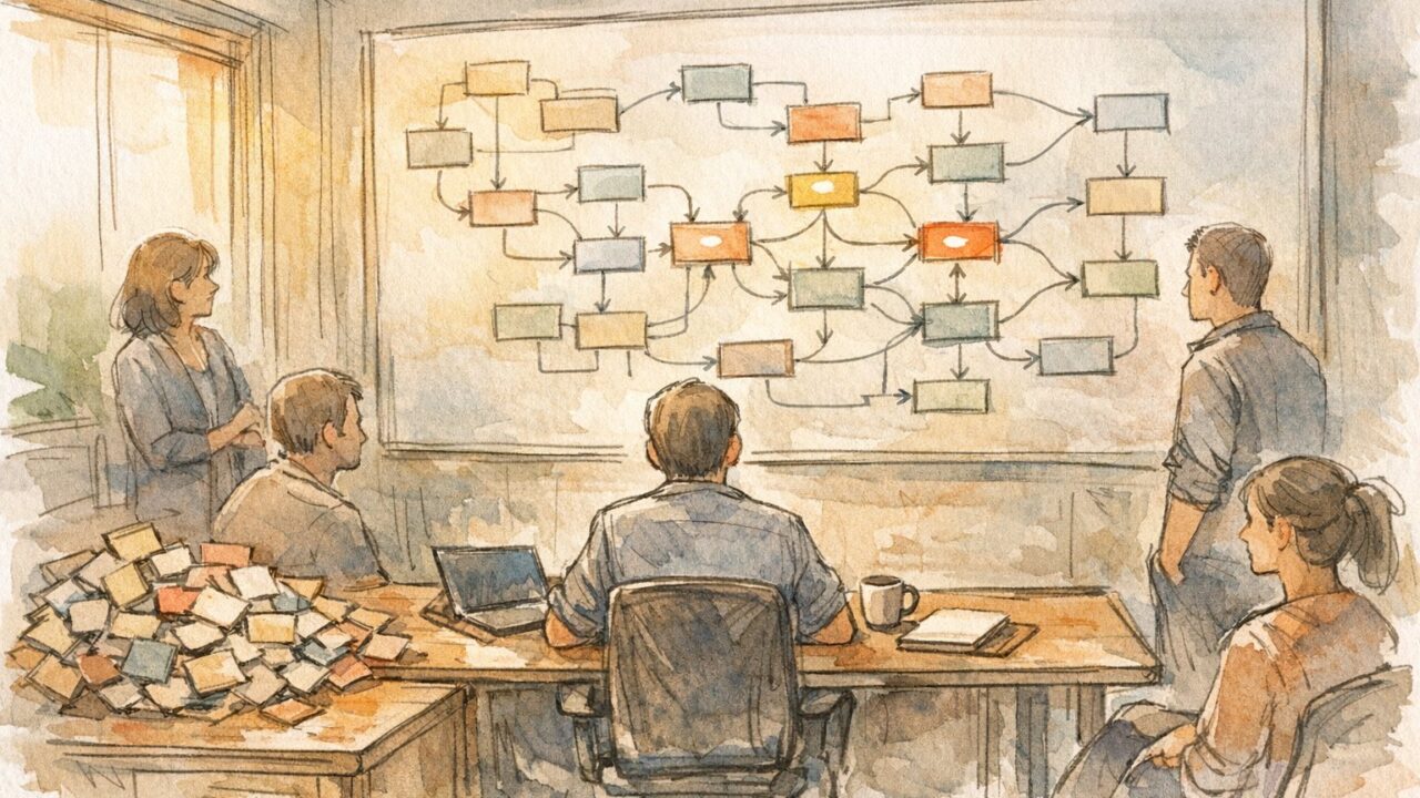ディレクター 管理 ツールの理想的な使い方を議論するチームのワークスペースイラスト