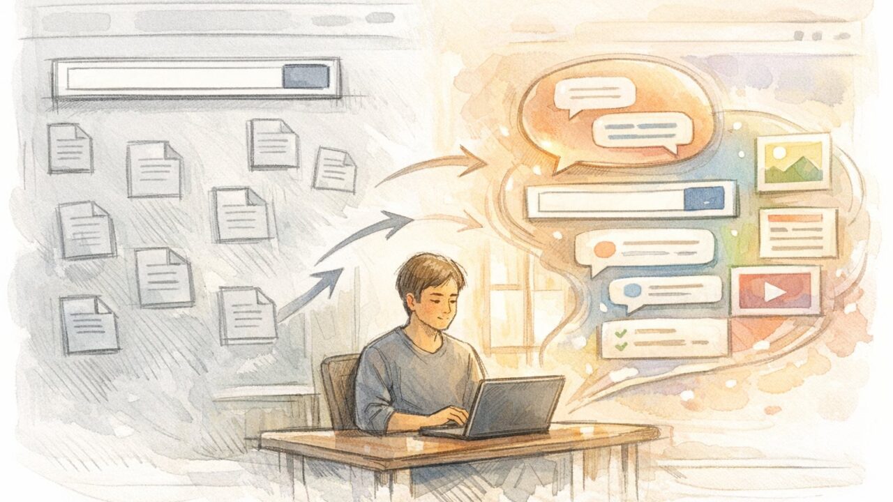 WP 検索窓を AI チャットボット化する方法で、従来検索と対話型検索を対比するイラスト
