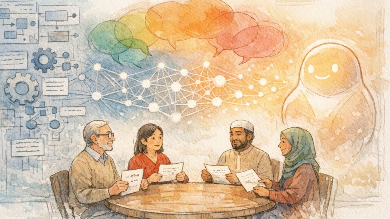AI 翻訳 による 文化交流 の 変容を象徴する、人々と技術進化を描いた暖かなイラスト