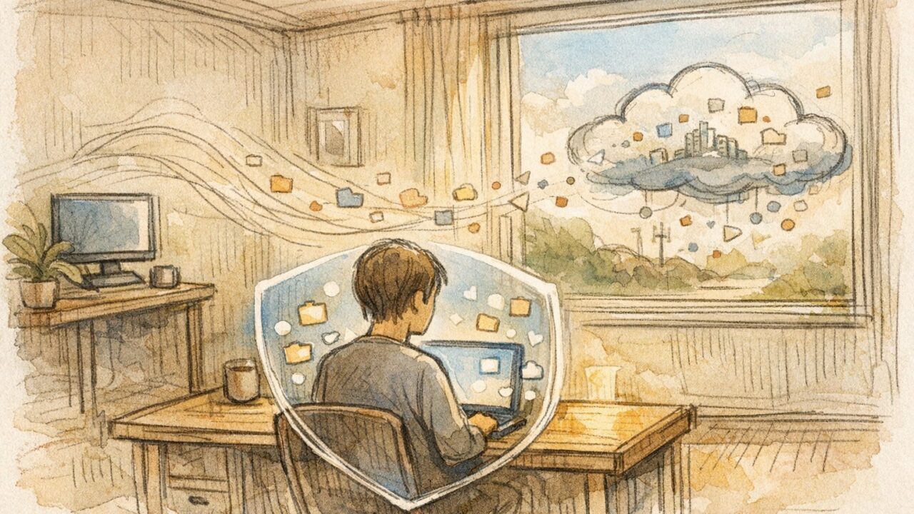 クラウドAIとローカル LLM の メリット（プライバシー保護）の対比を象徴するイラスト