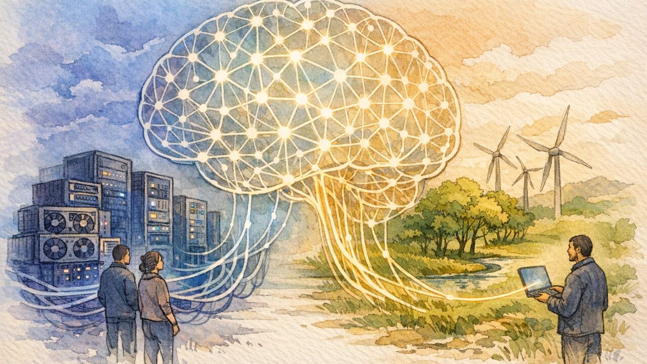 AI の 消費電力 と 環境問題 を象徴的に描いた脳型ネットワークとサーバー、自然エネルギーの風景