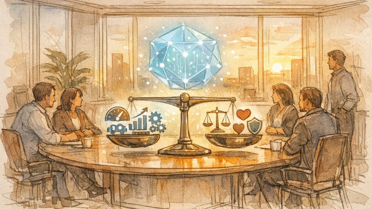 AI ガバナンス と 企業倫理の交差点、効率と責任のバランスを象徴する会議シーン