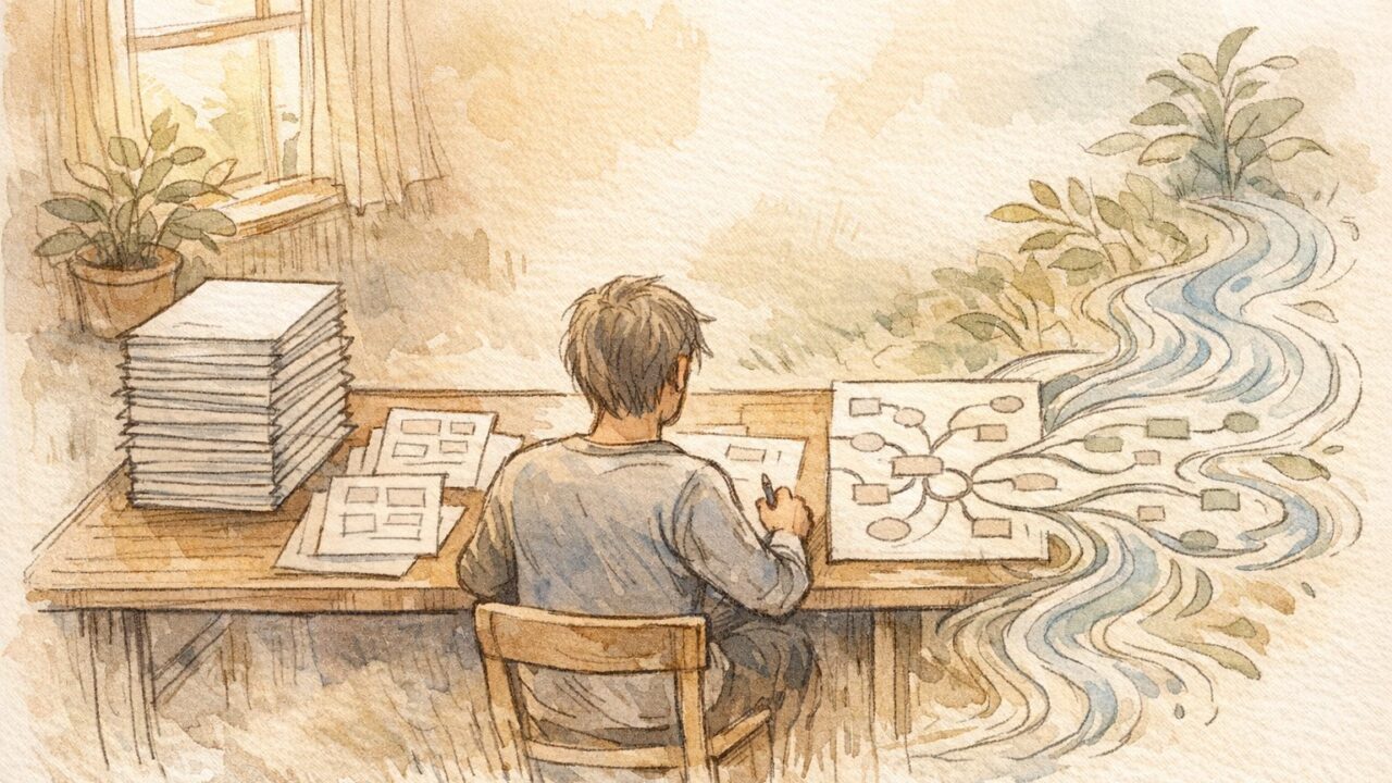 記事 構成案 テンプレートで散らかったアイデアを整理し流れに導く手描きイラスト