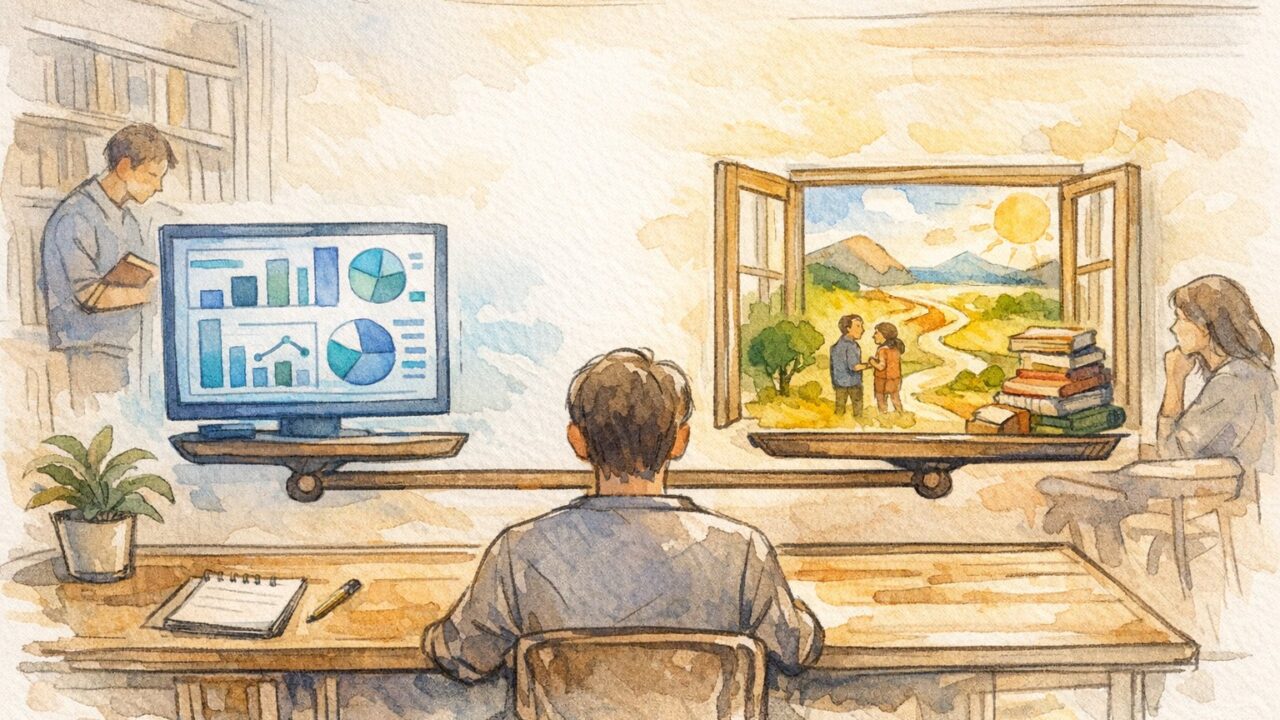 SEO 診断 ツールのスコアと検索意図を天秤にかけて整理するデスクワーク風景