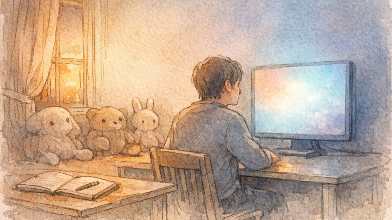 静かな部屋でAIと向き合う大人の姿を描いた水彩風イラスト, AI と 人間 の 感情 的 繋がりを象徴