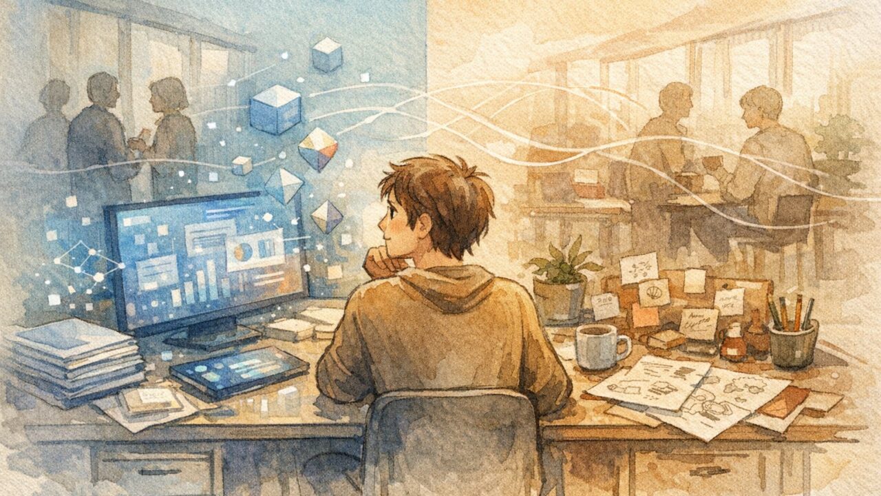 生成AI 普及後 の 「人間らしさ」 の 定義を象徴するオフィスでAIと人の役割を考える社員