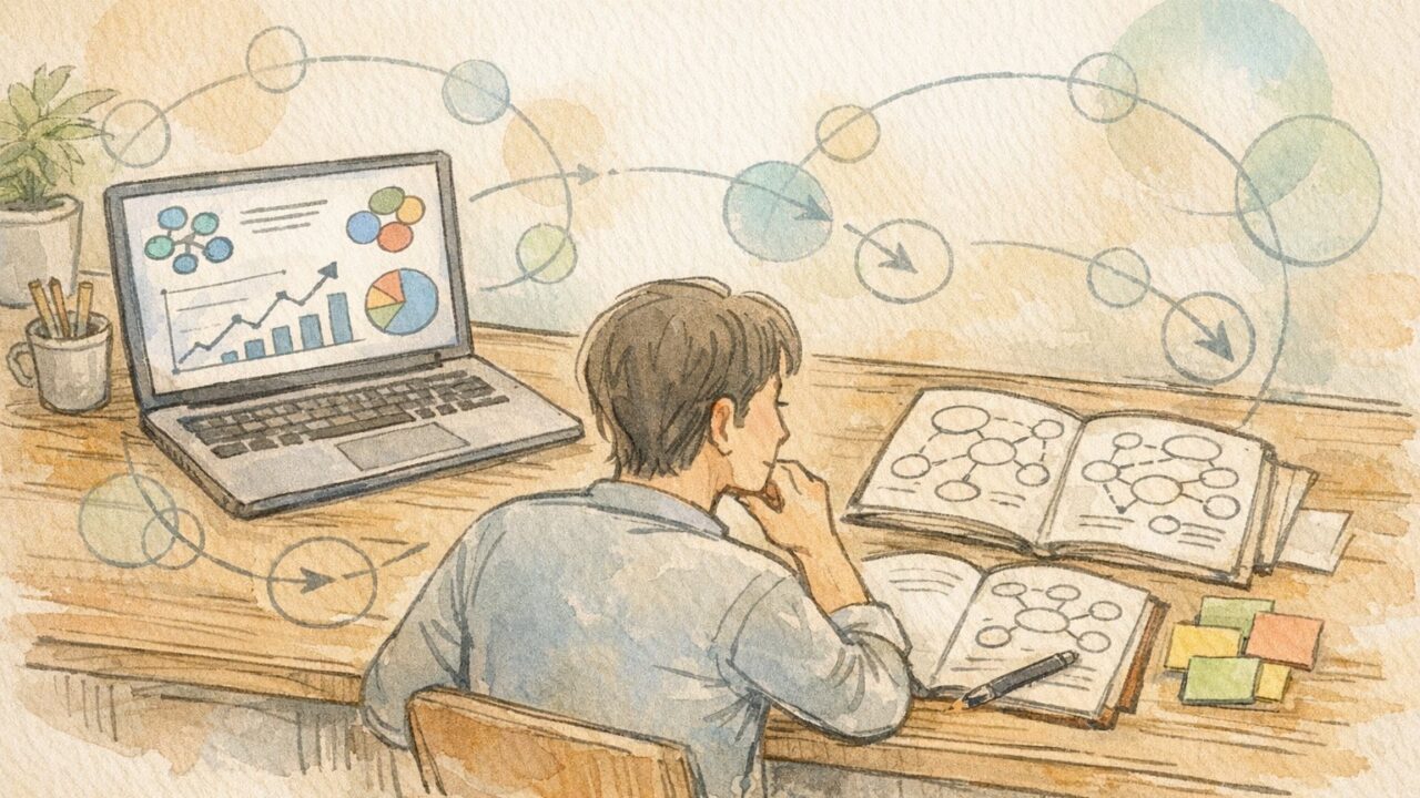 網羅性 高める ツールと手書きノートを前に、執筆者が距離感を考えるワークスペース
