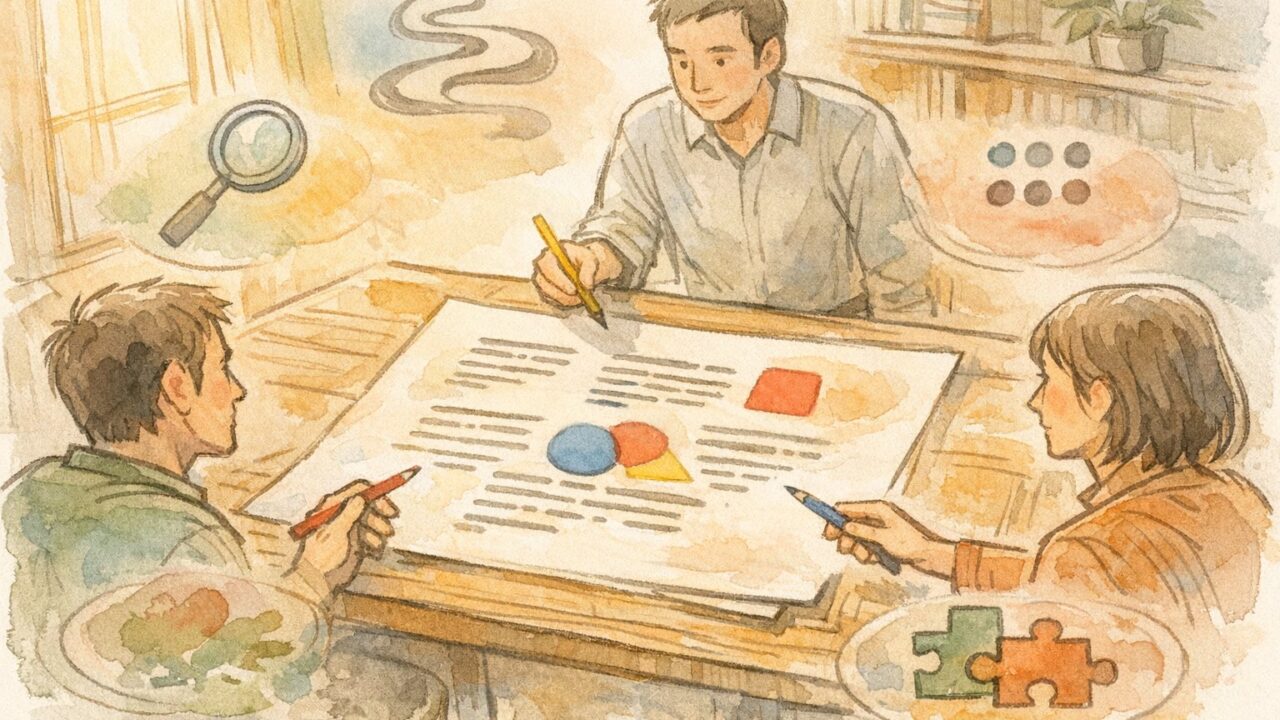 SEO ライティング 添削の評価軸を象徴する三人と原稿用紙、穏やかなスタジオ風景