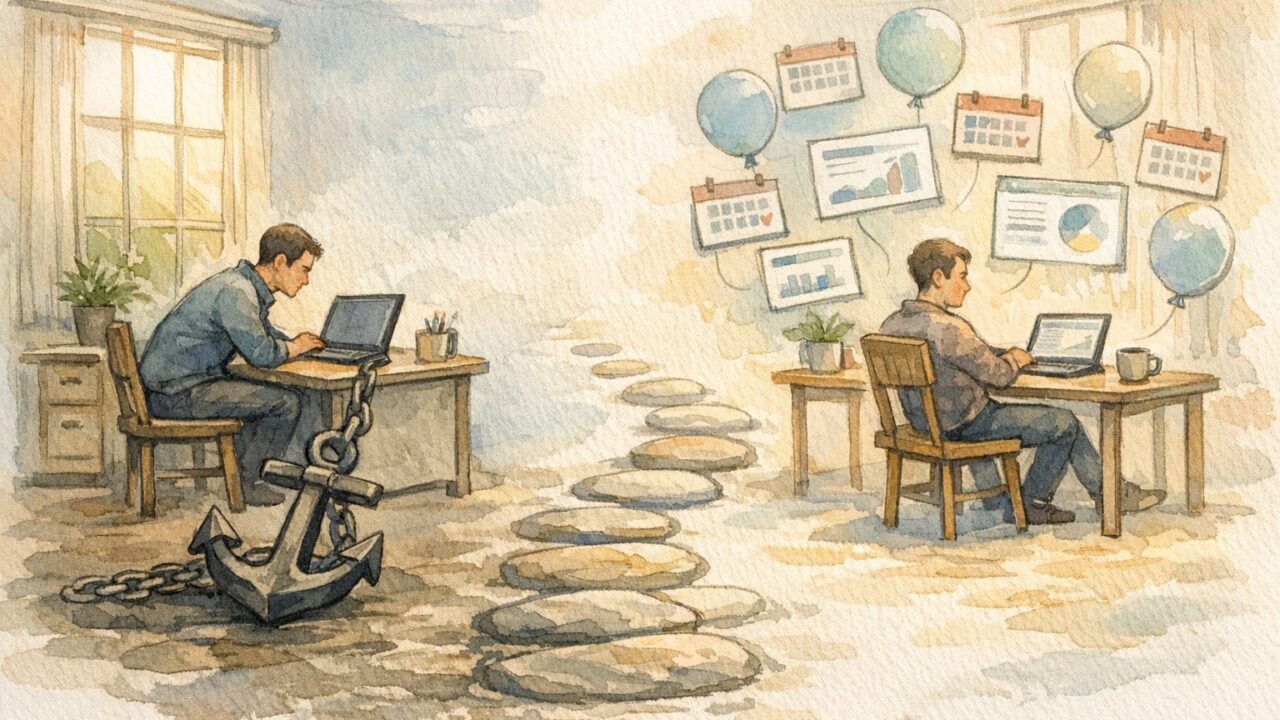 月額制 SEO ツールとの距離感を対比的に描いた穏やかなワークスペースイラスト