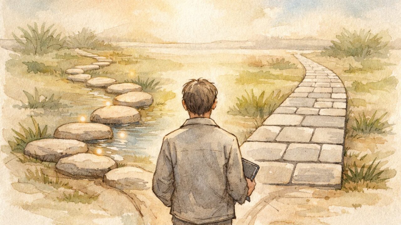 買い切り SEO ツールと月額制ツールの違う道を前に選択を考える人物イラスト