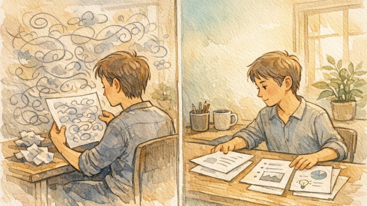 AI執筆の違和感を消すために、散漫な文章を整理し要点を絞り込む様子