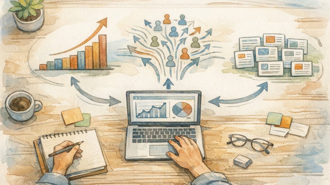 落ち着いたデスクでSEO ツール 成功事例の三つのパターンを比較検討するイラスト