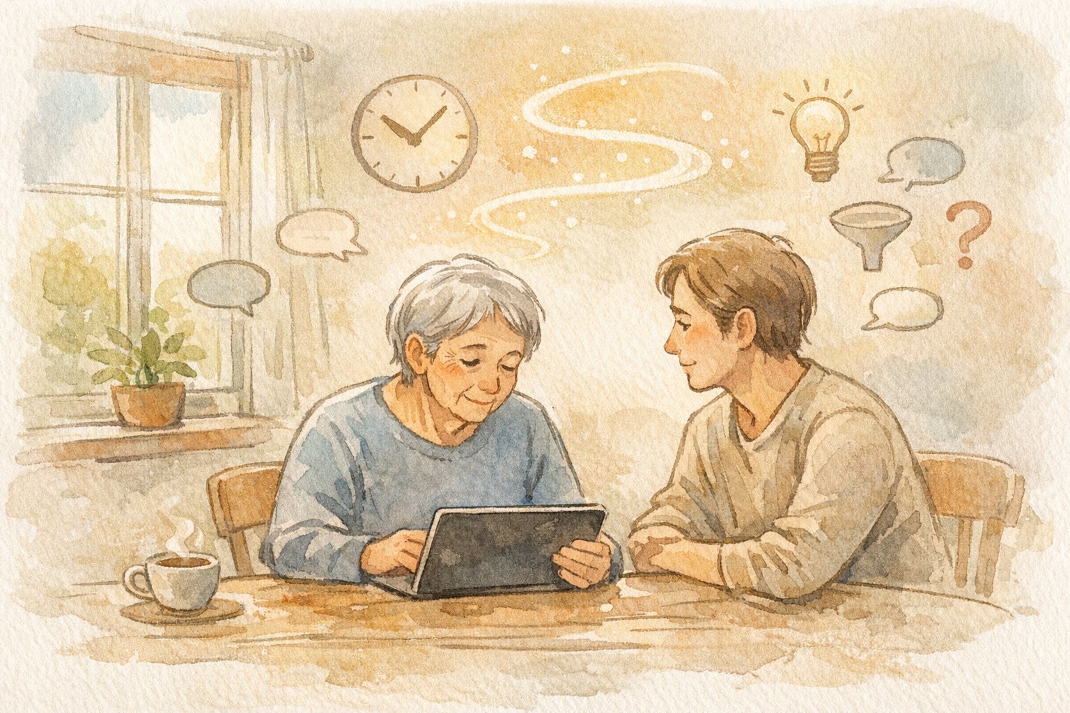 穏やかな部屋で高齢者 向け AI 活用 支援を行う大人同士の対話と寄り添いを描いたイラスト