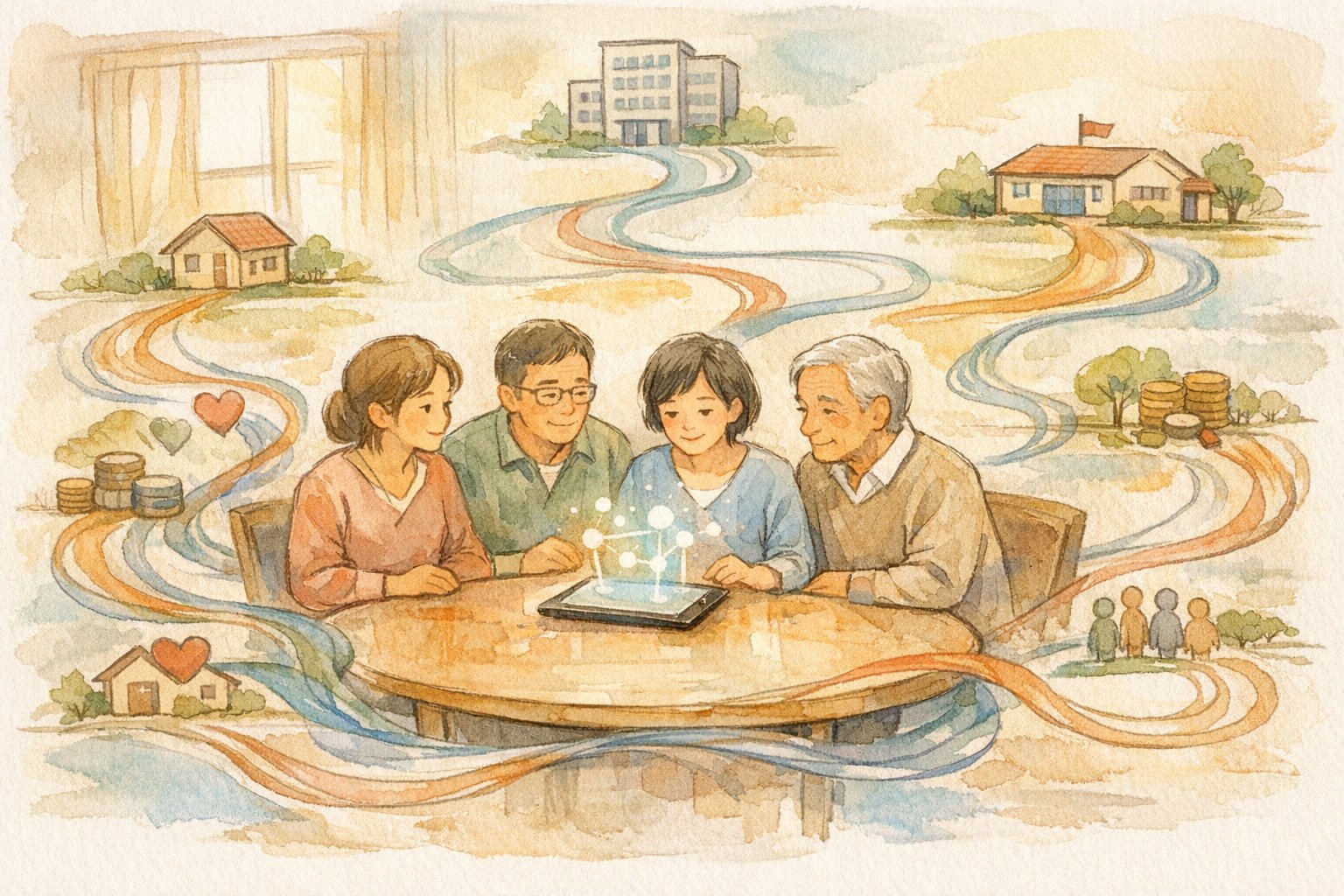 高齢者 向け AI 活用 支援の価値設計と支払いバランスを象徴的に描いたイラスト