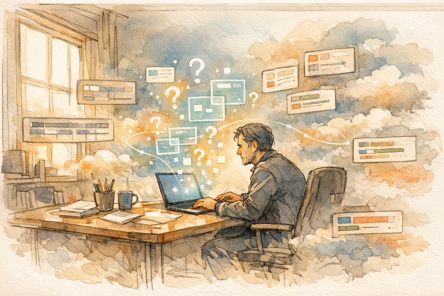 AI時代のディレクター 管理 ツールとの関わり方を象徴的に描いたワークスペースイラスト