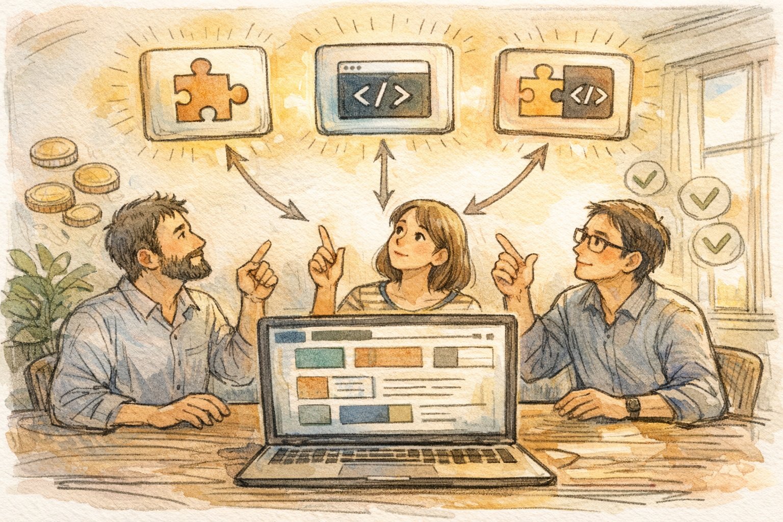 WordPress 記事要約 AI 自動表示の仕組みを比較検討する3人の共同作業シーン