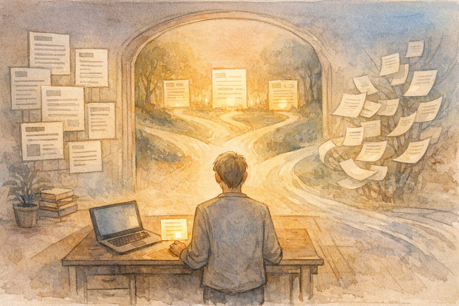 読者視点での要約の役割を象徴する読書空間、WordPress 記事要約 AI 自動表示の概念表現