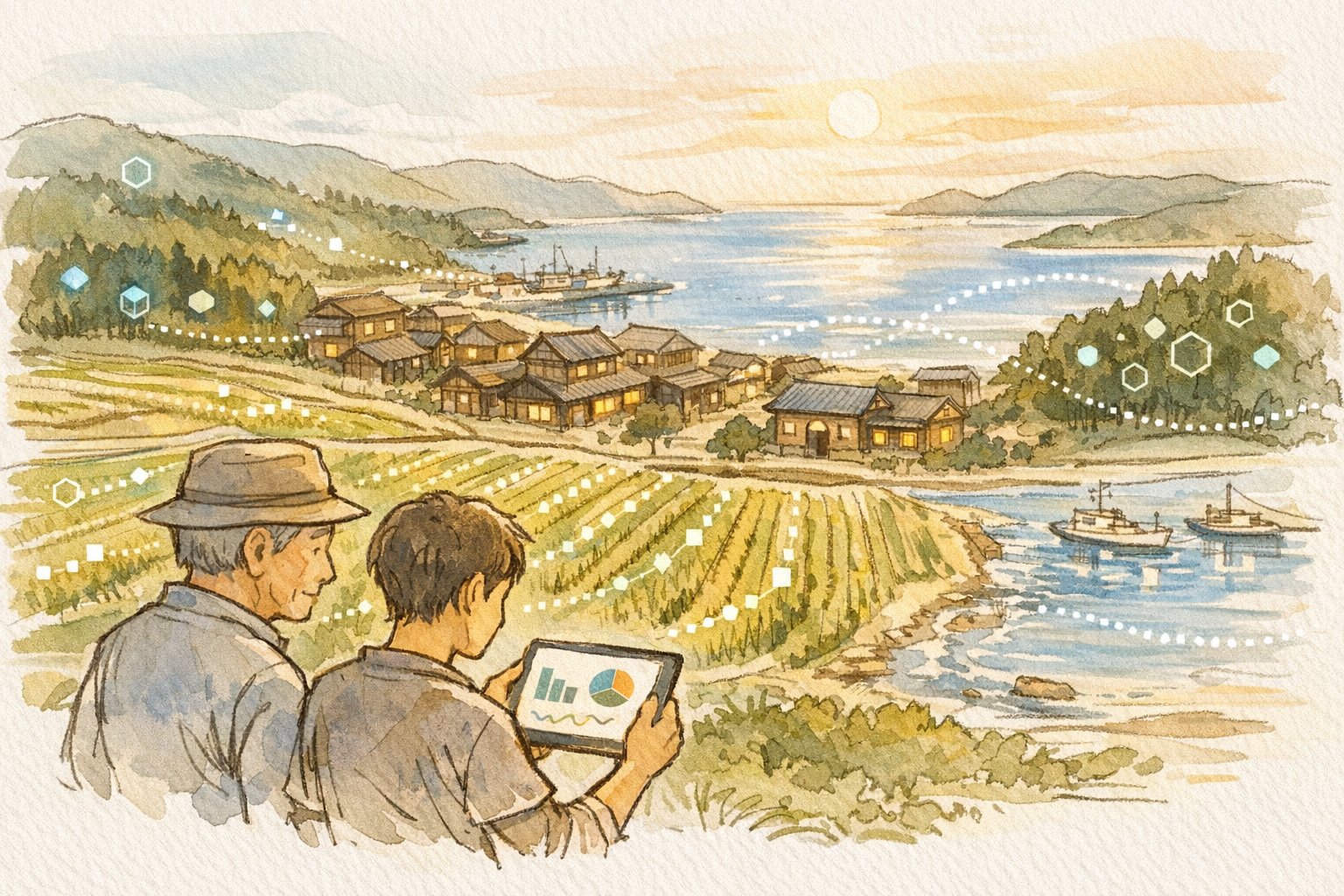 地方創生 AI 活用事例として、農村と港町の風景の中で住民がタブレットのデータを見る様子