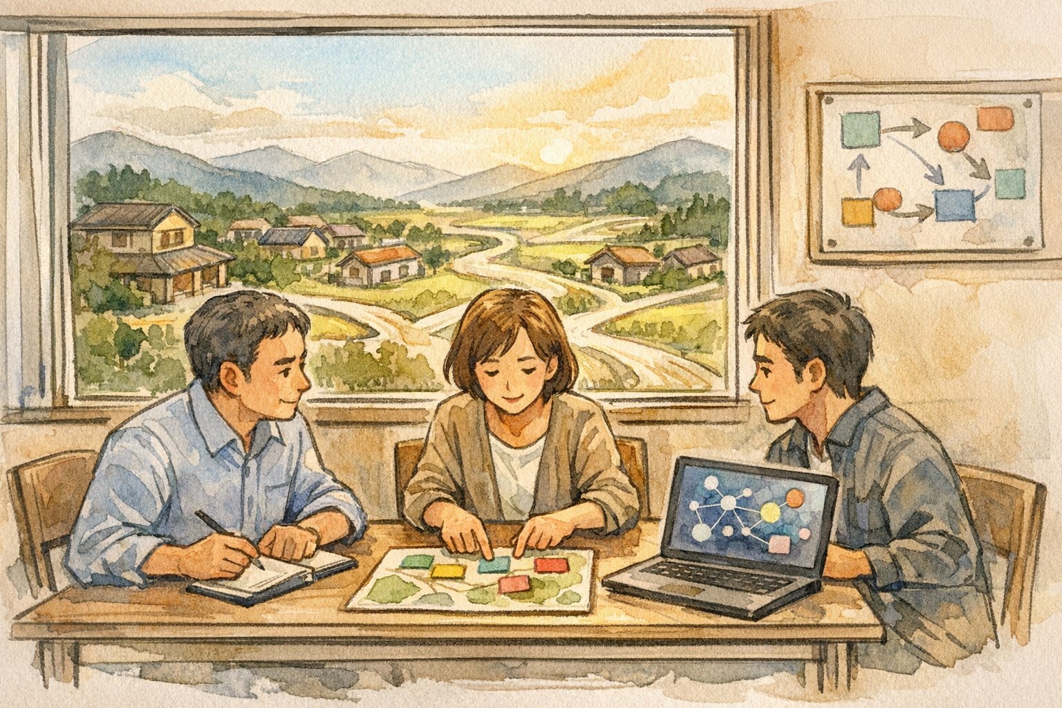 地方創生 AI 活用事例として小さな自治体が外部パートナーと協働し選択肢を議論する様子