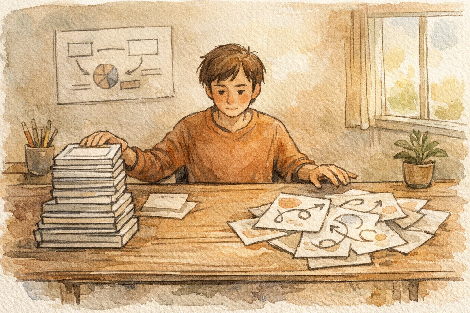 記事構成作成時間短縮における型の効用と限界を象徴するイラスト