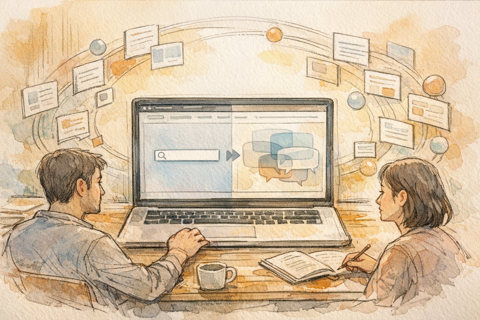 WP 検索窓を AI チャットボット化する方法を検討するデスクワークと画面UI構成
