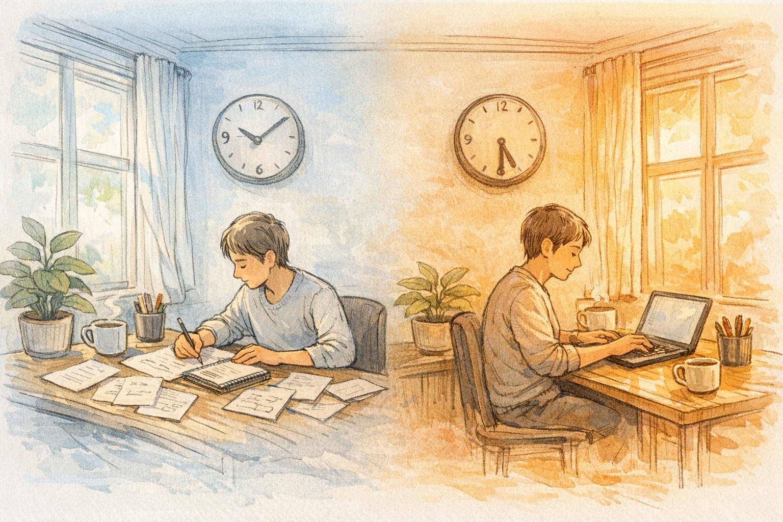 朝と昼の執筆風景を対比し、記事 質 安定させる 方法として環境とワークフローのリズムを描写