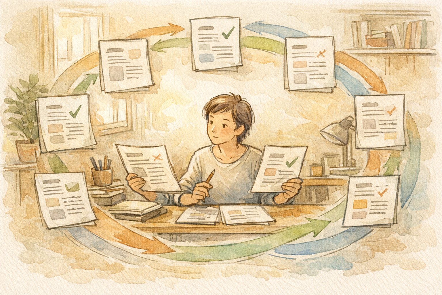 フィードバックループで記事 質 安定させる 方法を示す、机で推敲する人物のイラスト
