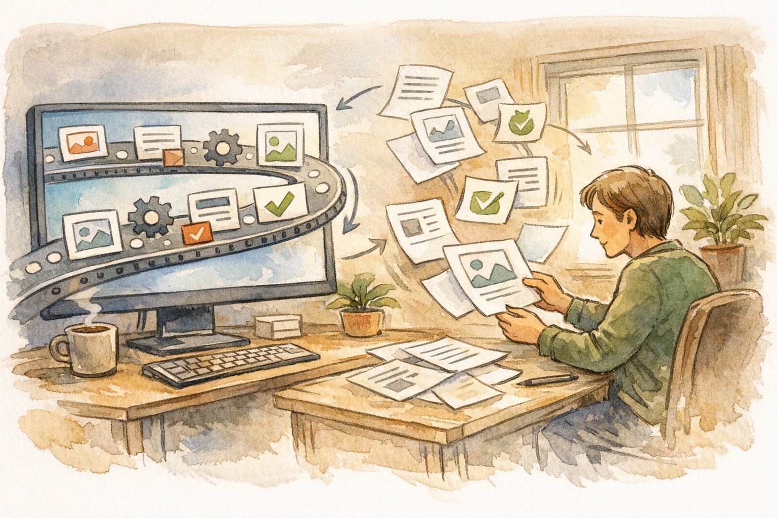 AI 生成コンテンツ の WP 投稿自動化で、人の最終確認と自動フローのバランスを描いたイラスト