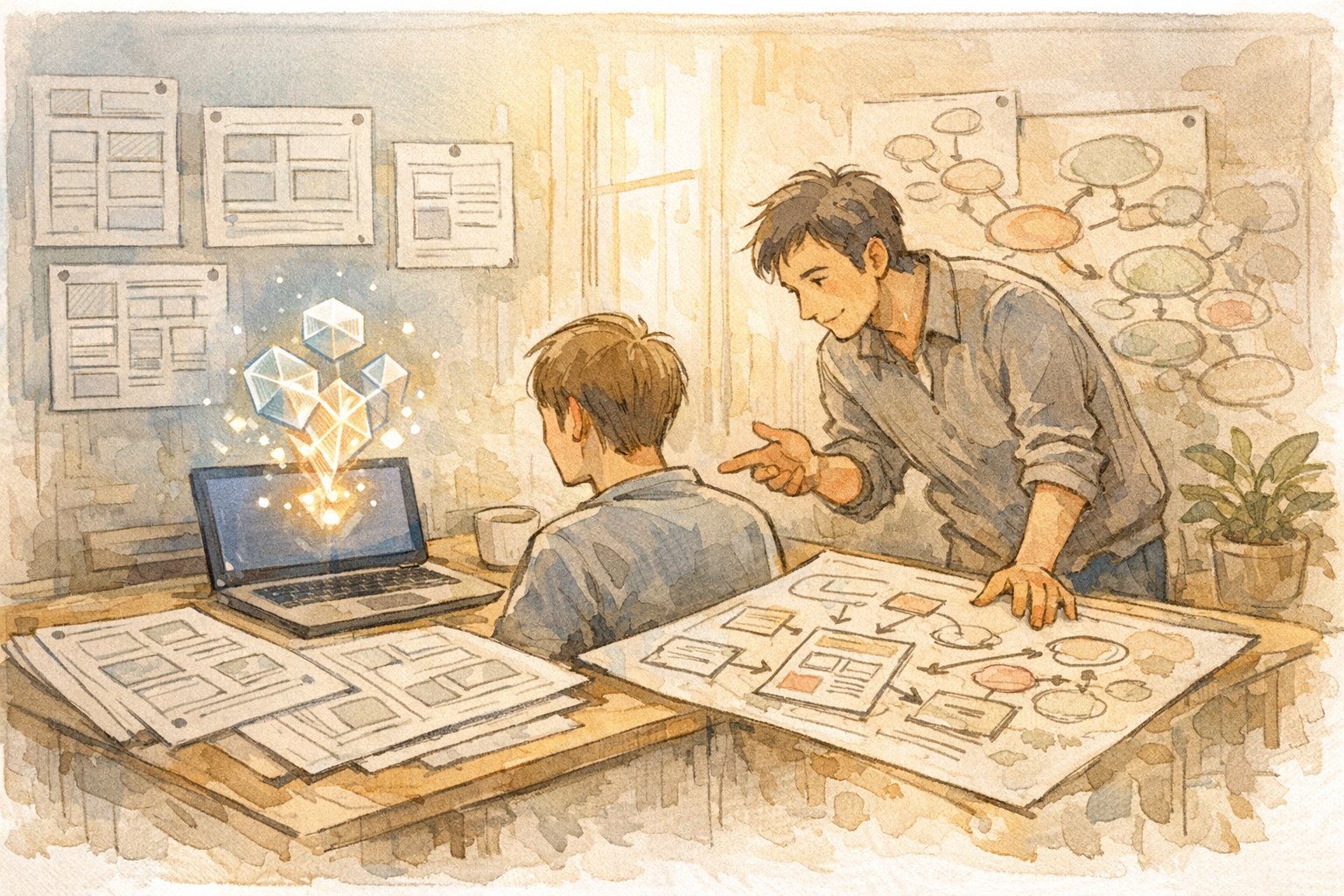 WordPress 記事構成案 AI 生成 テンプレートを人が見直し調整する様子の手描きイラスト