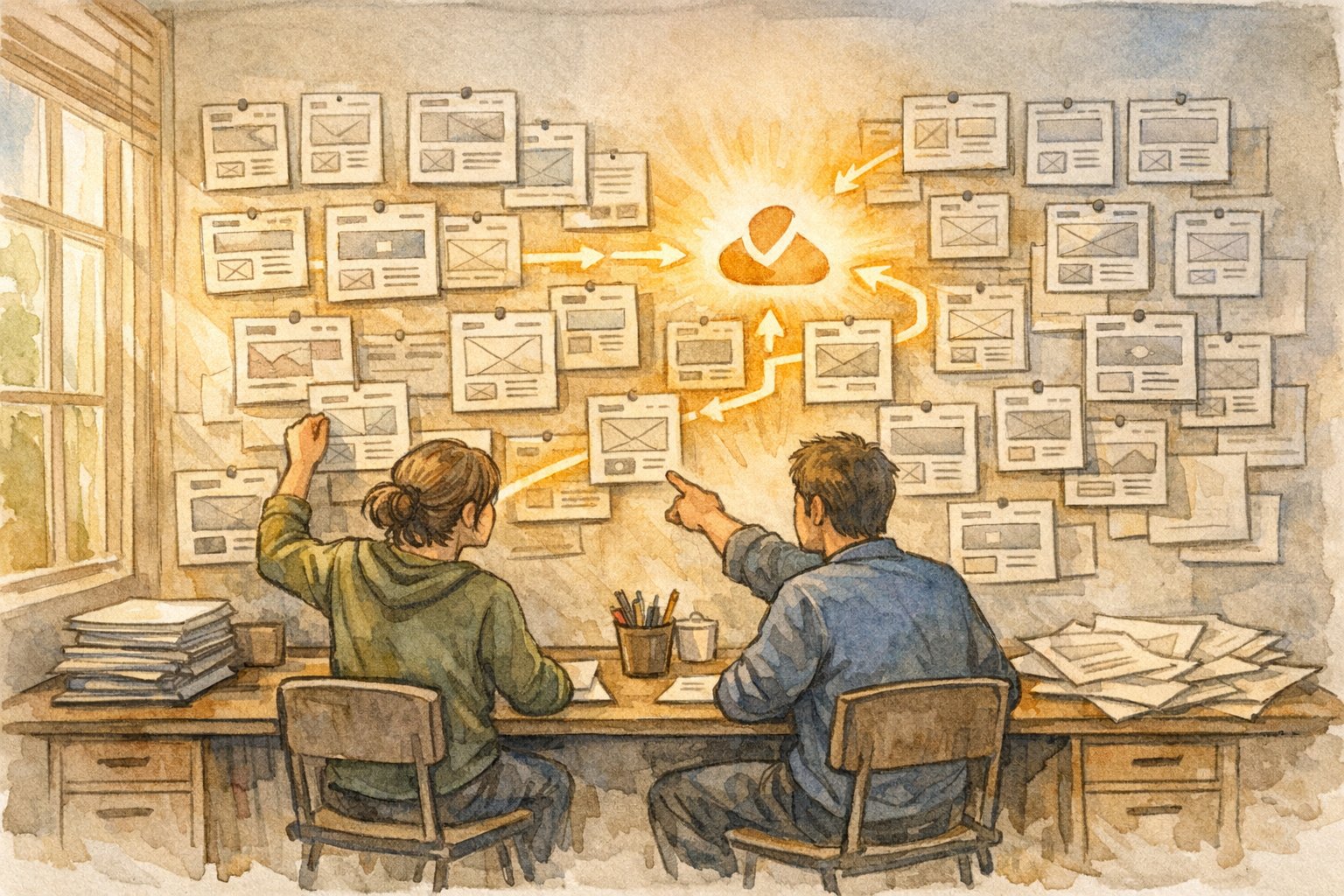 WordPress 記事構成案 AI 生成 テンプレートを検討する二人のデザイナーとワイヤーフレーム