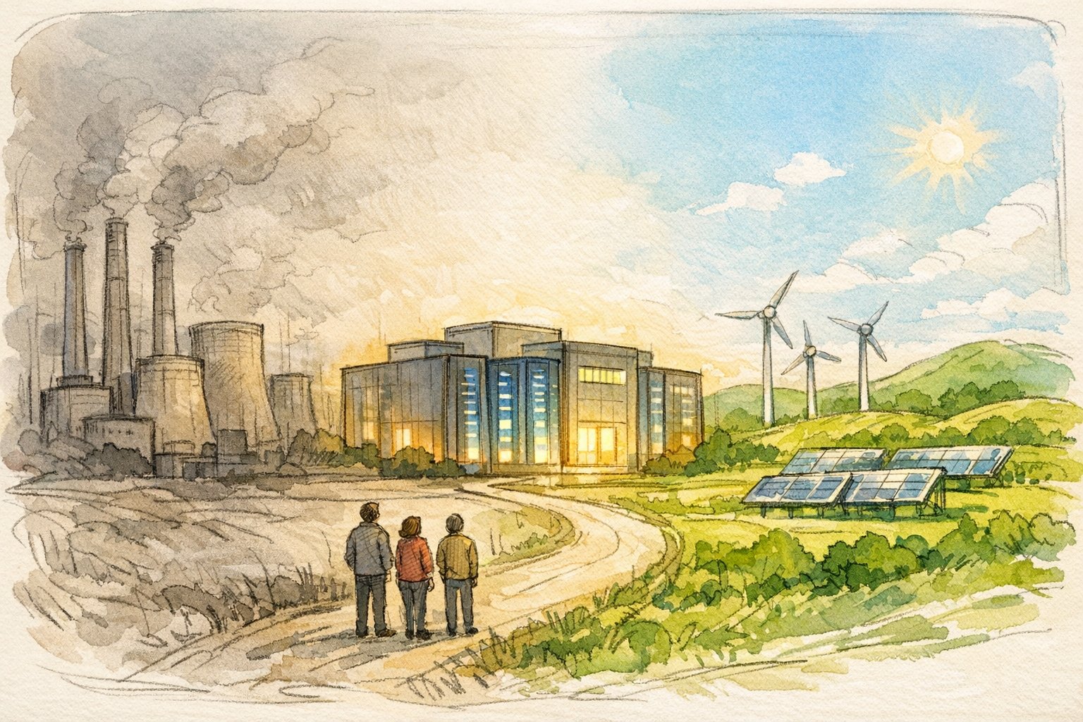 化石燃料発電と再エネに挟まれたデータセンター、AI の 消費電力 と 環境問題を象徴的に描いたイラスト