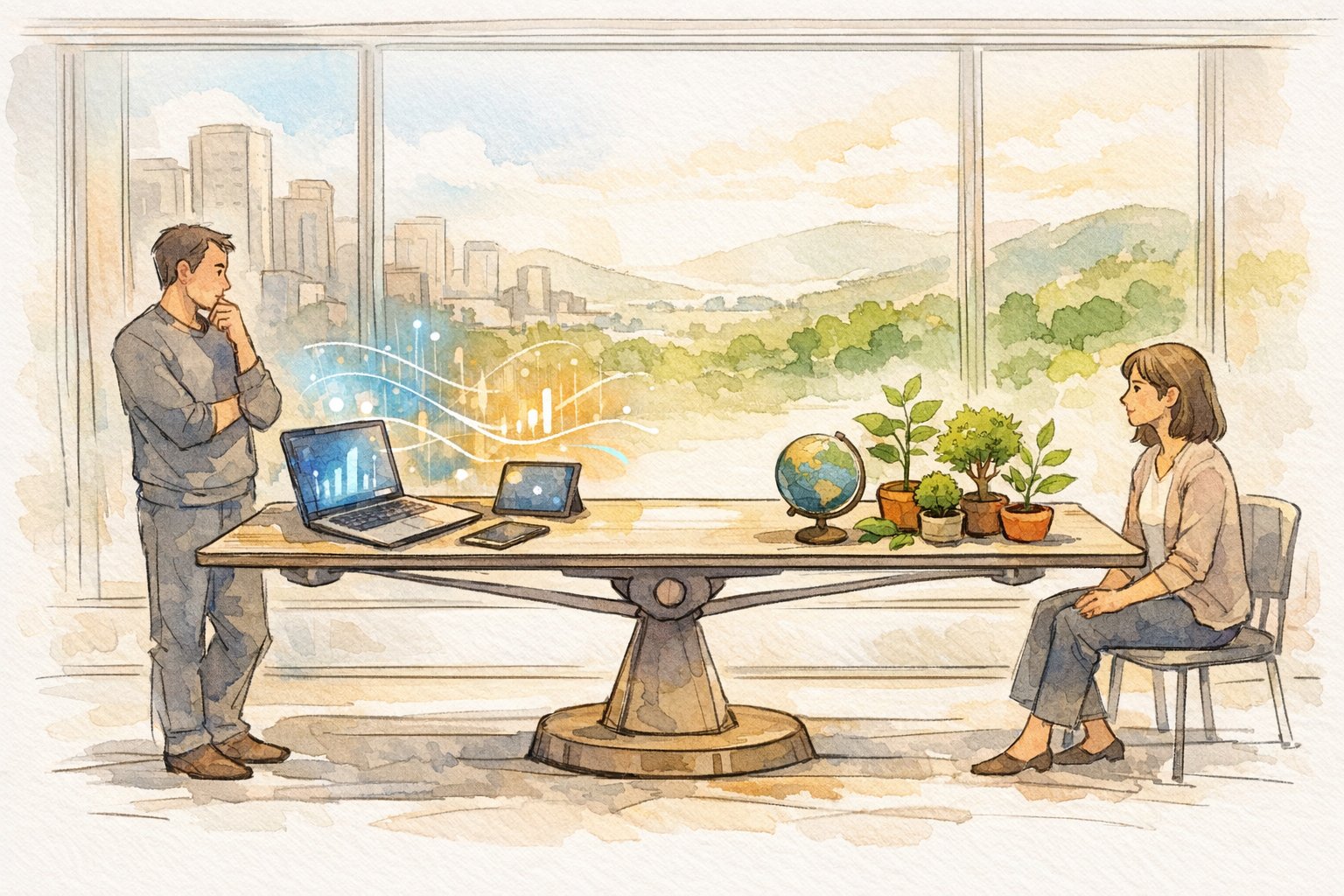 AI の 消費電力 と 環境問題 のトレードオフを静かなオフィスで考えるビジネスイラスト