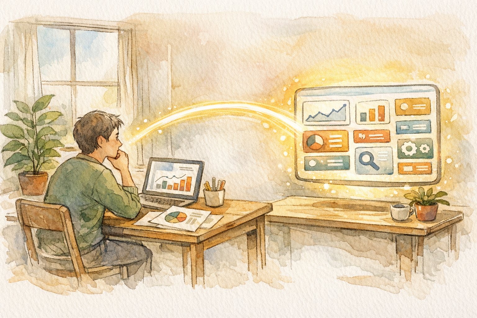落ち着いた作業机で人とSEOツールが協調し役割分担する様子、SEO ツール 導入 メリットを象徴