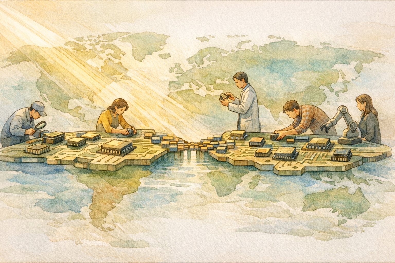 半導体不足 と AI 発展 の 関係を象徴的に示すサプライチェーン全体像の抽象イラスト