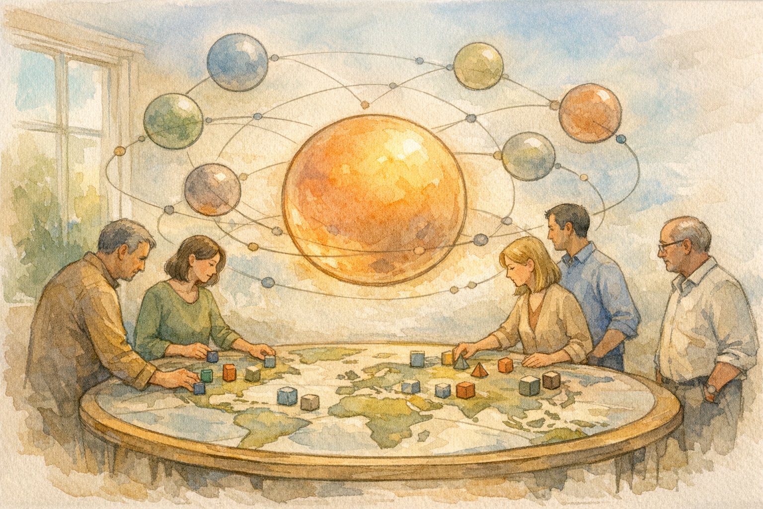 世界地図型テーブルを囲む人々と米国中心の球体で描くAI開発企業の勢力図2025