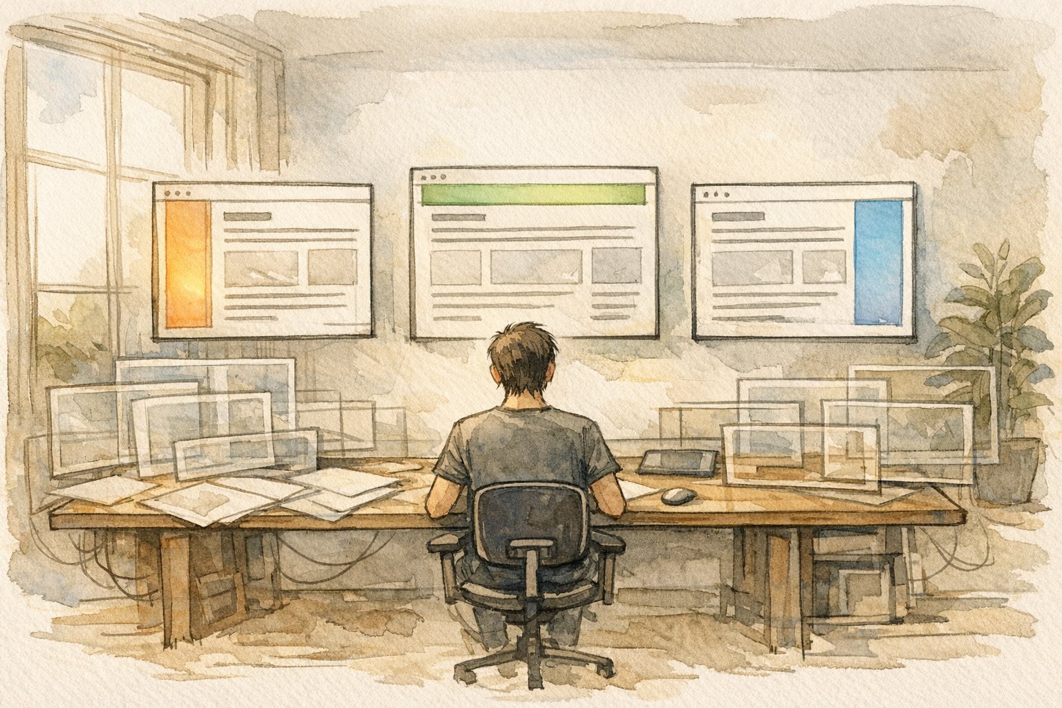 WP 投稿ごとに 異なるサイドバーを表示する設計を静かな作業空間で象徴的に描いたイラスト