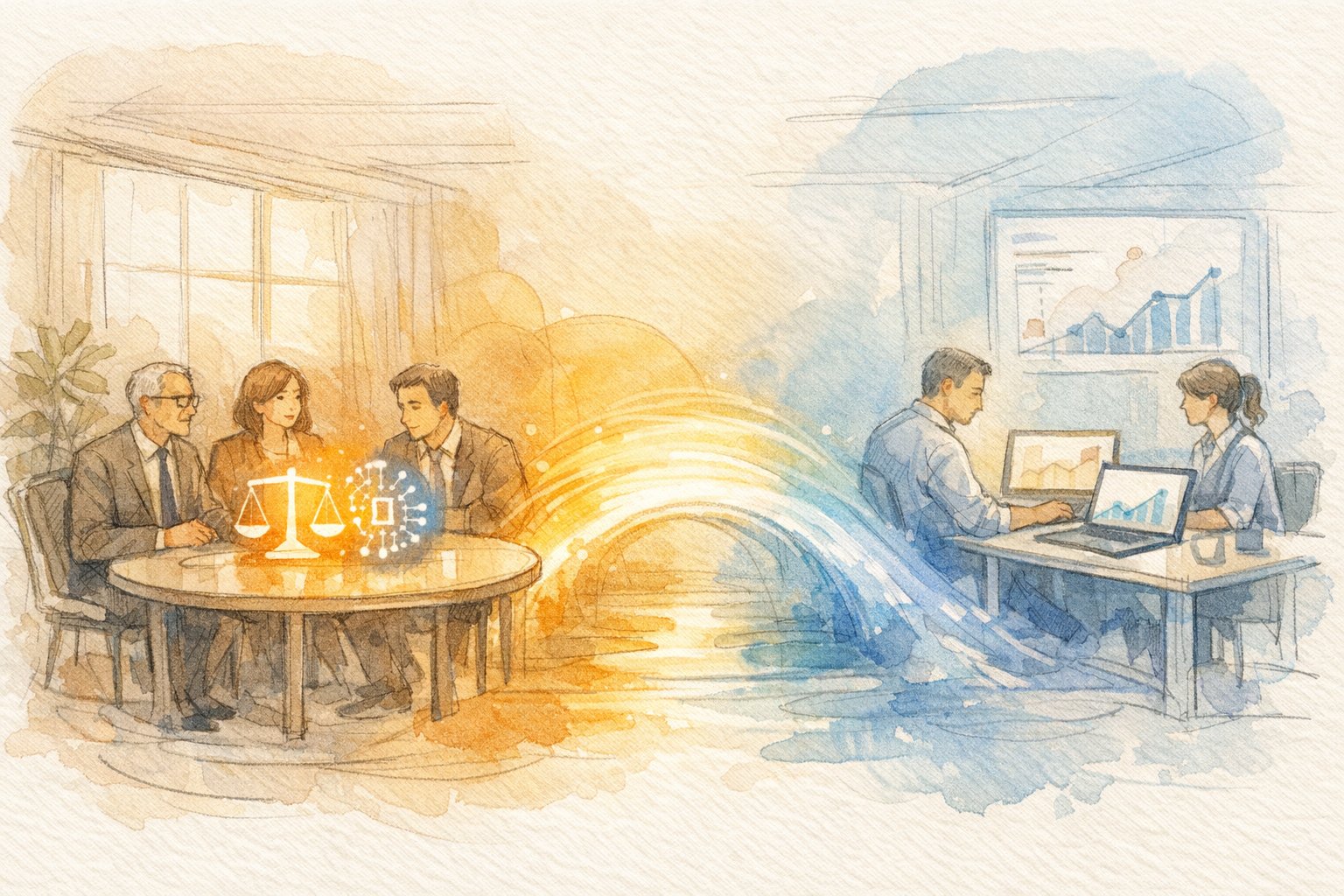 AI ガバナンス と 企業倫理の架け橋となる会議風景とKPI重視の現場の対比