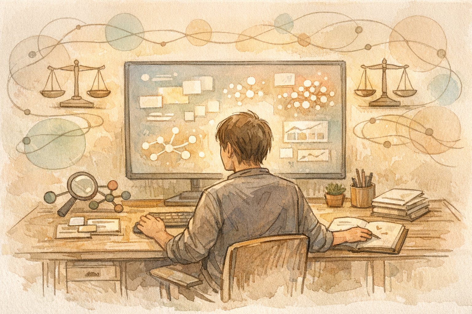 高機能 SEO ツールの提案を落ち着いて吟味するマーケ担当者のイラスト