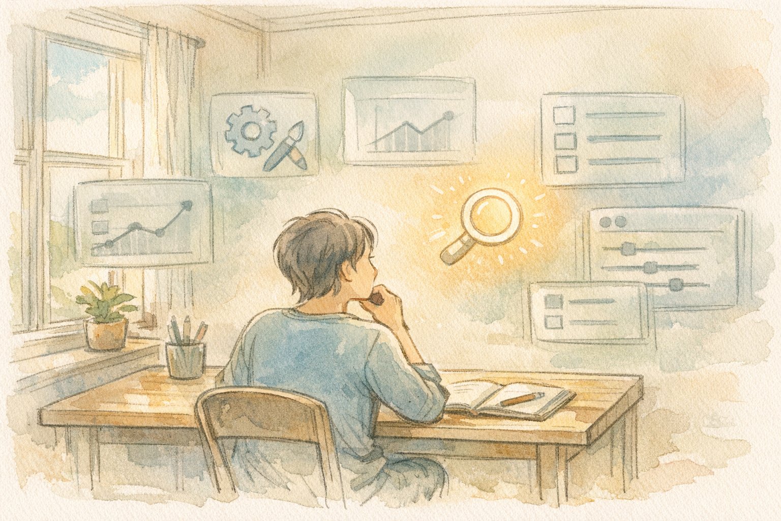 初心者向け SEO ツールの最初の1本を落ち着いて選ぶ様子を描いたイラスト