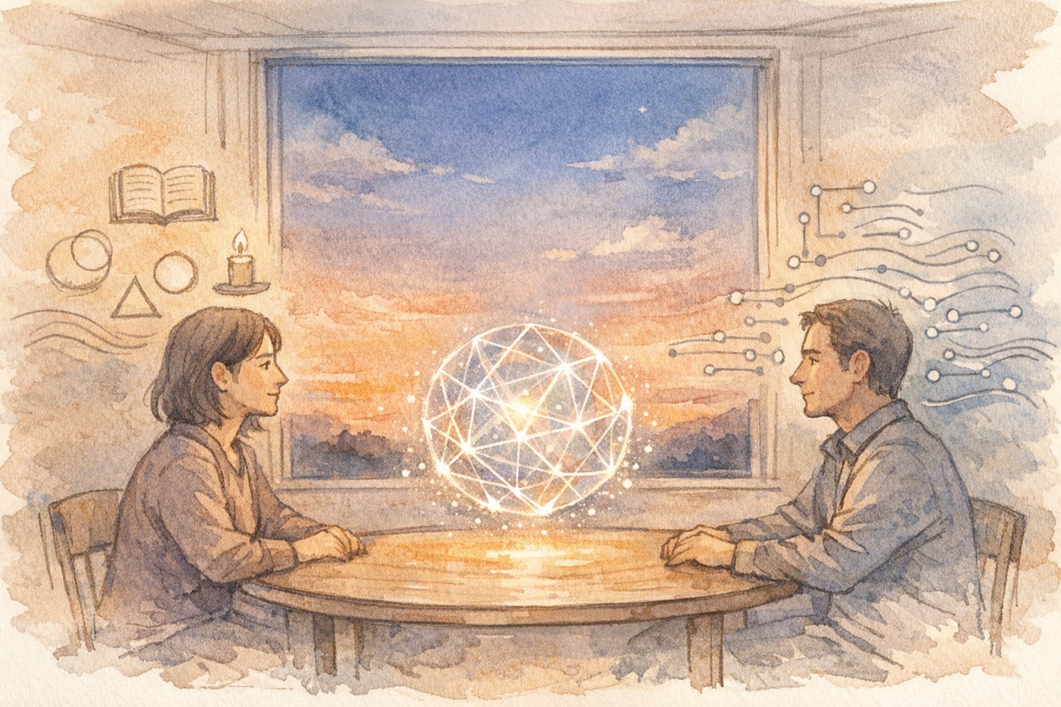 夕暮れの室内で人と発光するAIが対話する様子, AI と 宗教 ・ 哲学 的 議論を象徴的に表現