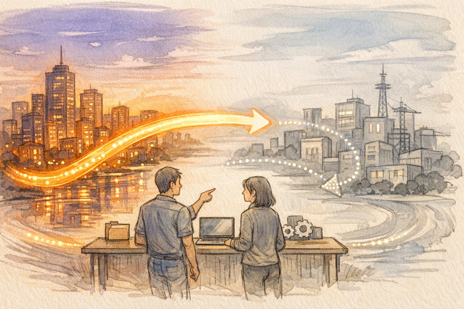 WordPress 本番環境とテスト環境の 同期方法を示す二つの街と矢印を描いた手書きイラスト