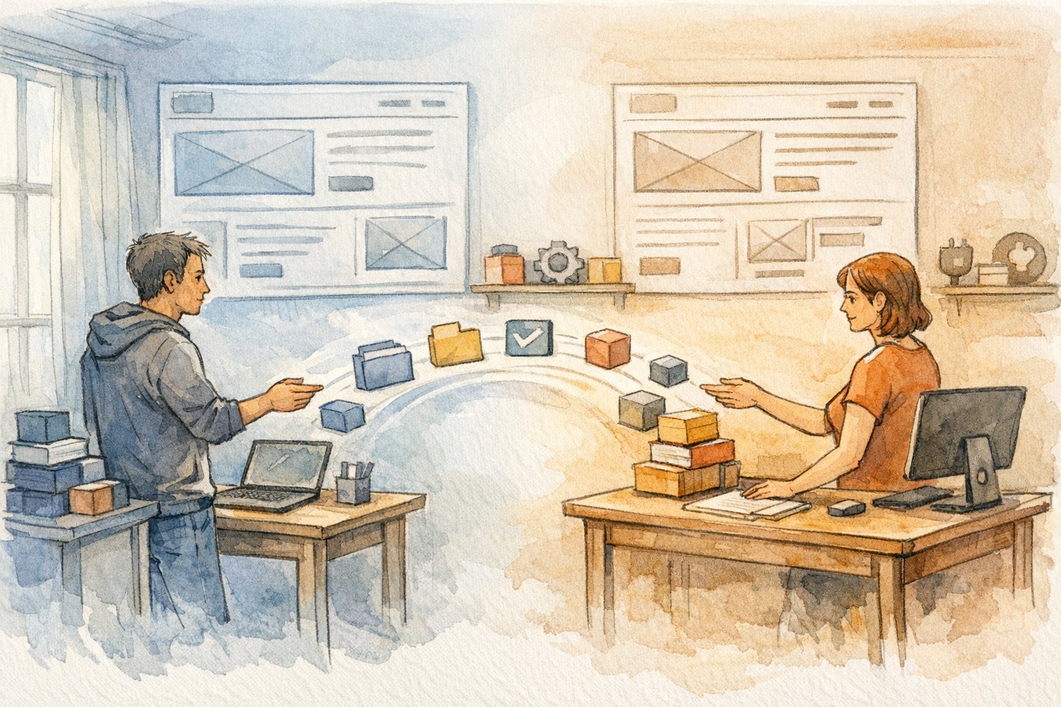 WordPress 本番環境とテスト環境の 同期方法を、人が選択して設計する様子を描いたイラスト