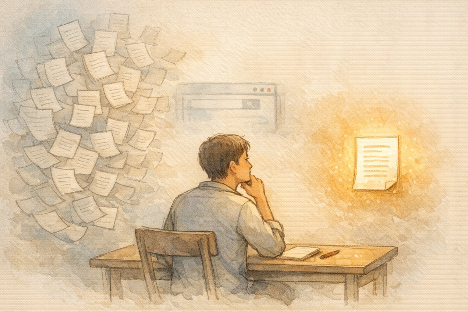 SEOと記事 量産 ツール 比較、量より質を冷静に見極める人物のイラスト