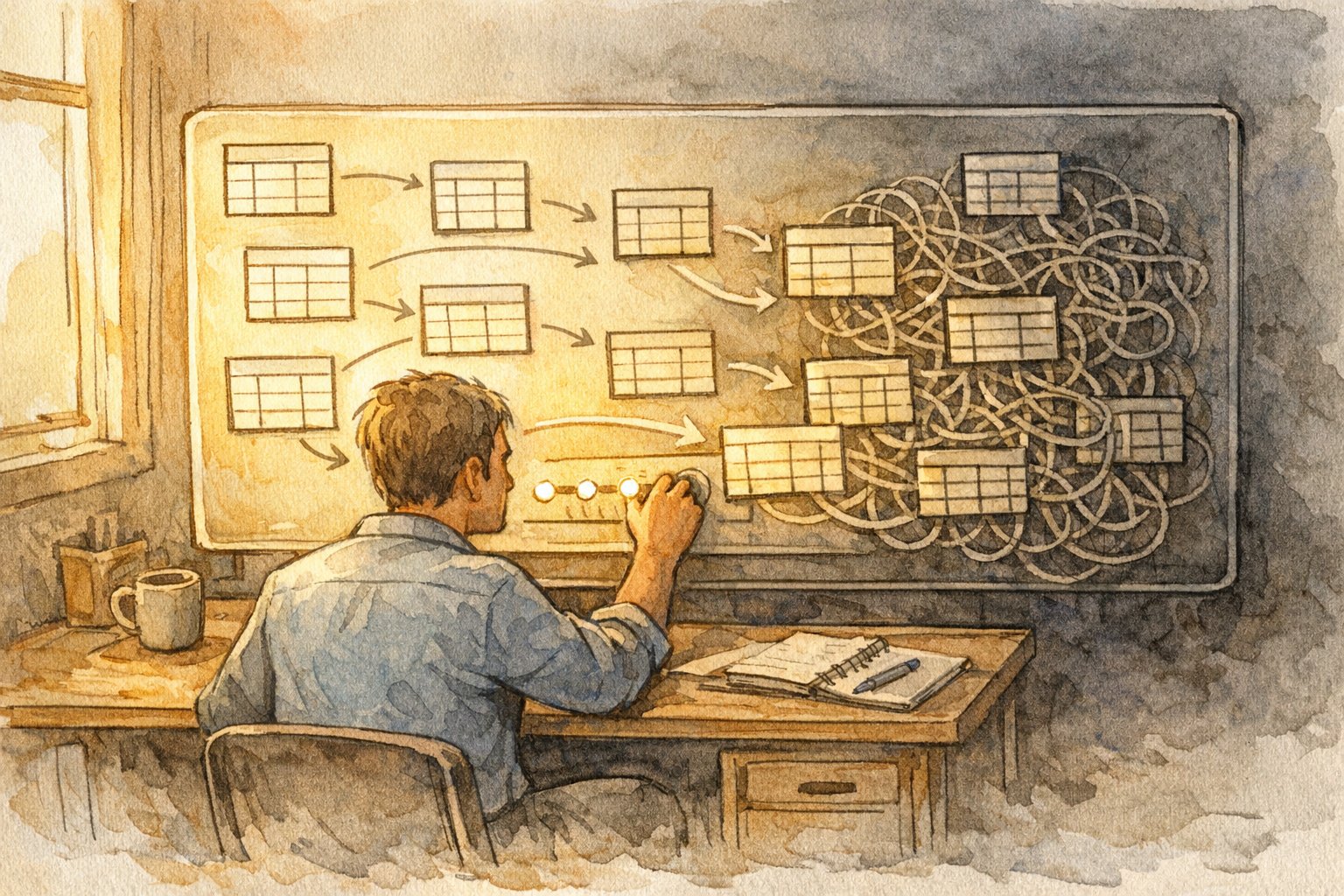 WP データベース SQL での一括置換を慎重に操作する様子、単純なテーブルと複雑なデータ構造の対比